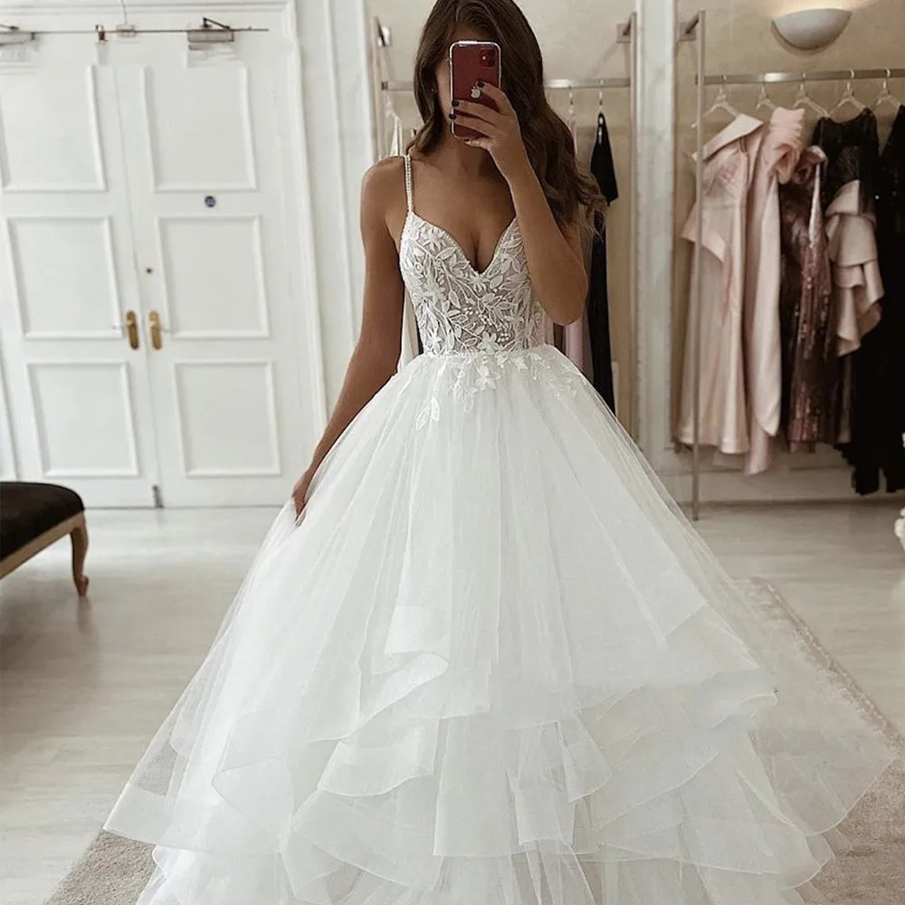 Sleeveless A-line Wedding Dress V Neck Sexy Backless Bridal Gown Vestido De Novia Ruffle Skirt Wedding Dresses 2023