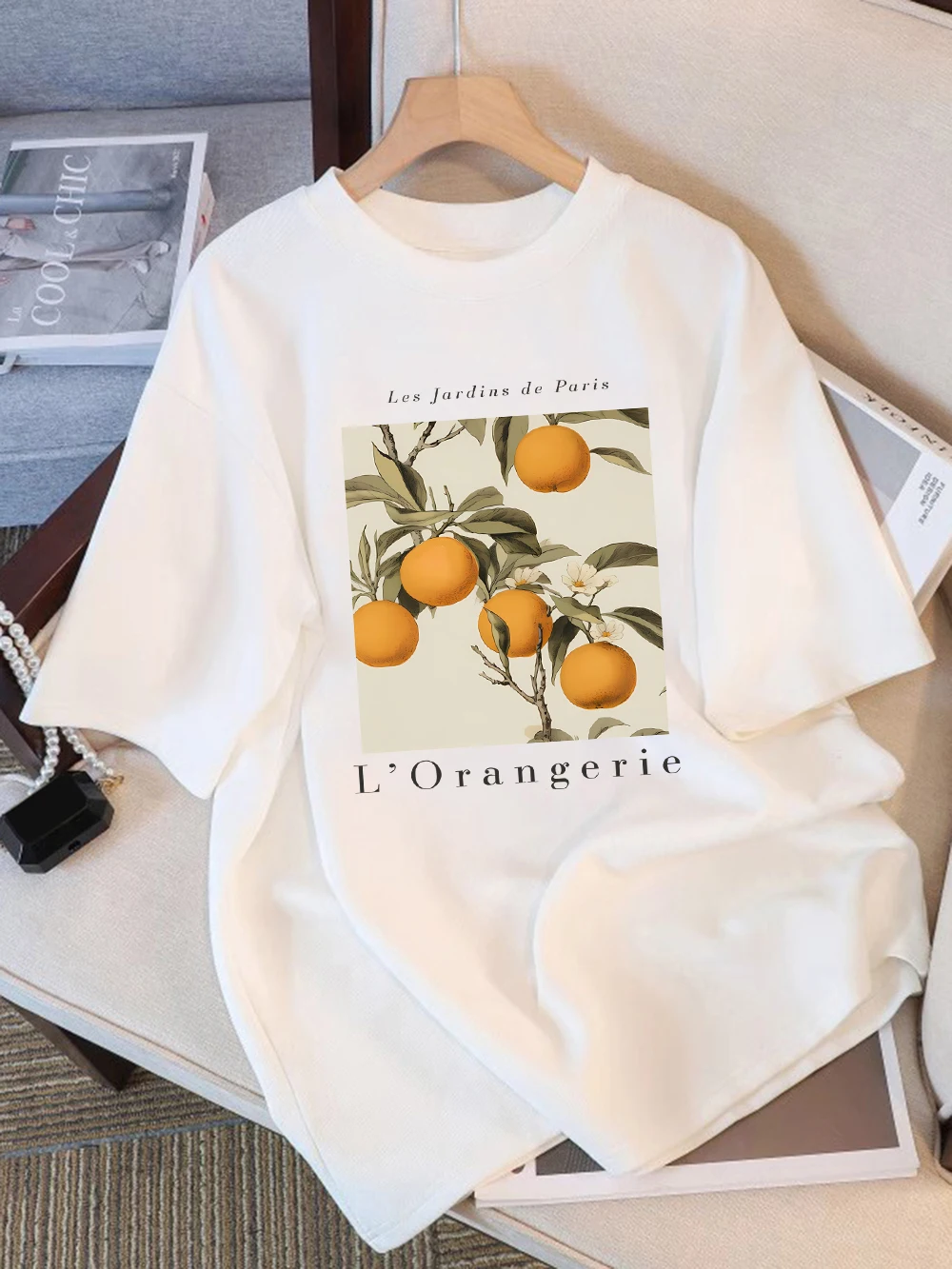 Camisetas de algodón con estampado de frutas y naranjas frescas para mujer, Tops holgados con cuello redondo, ropa de calle suave y cómoda de manga corta para mujer
