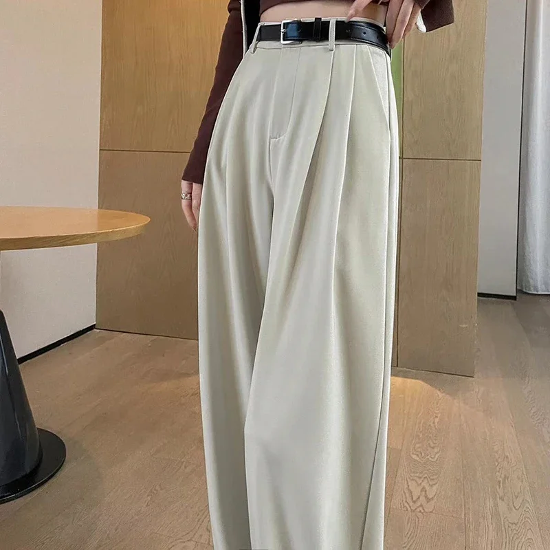 High Waist Women‘s Suit Wide Leg Full Pants with Belted Autumn Female Elegant Minimalism Straight Loose Trousers 2024 New