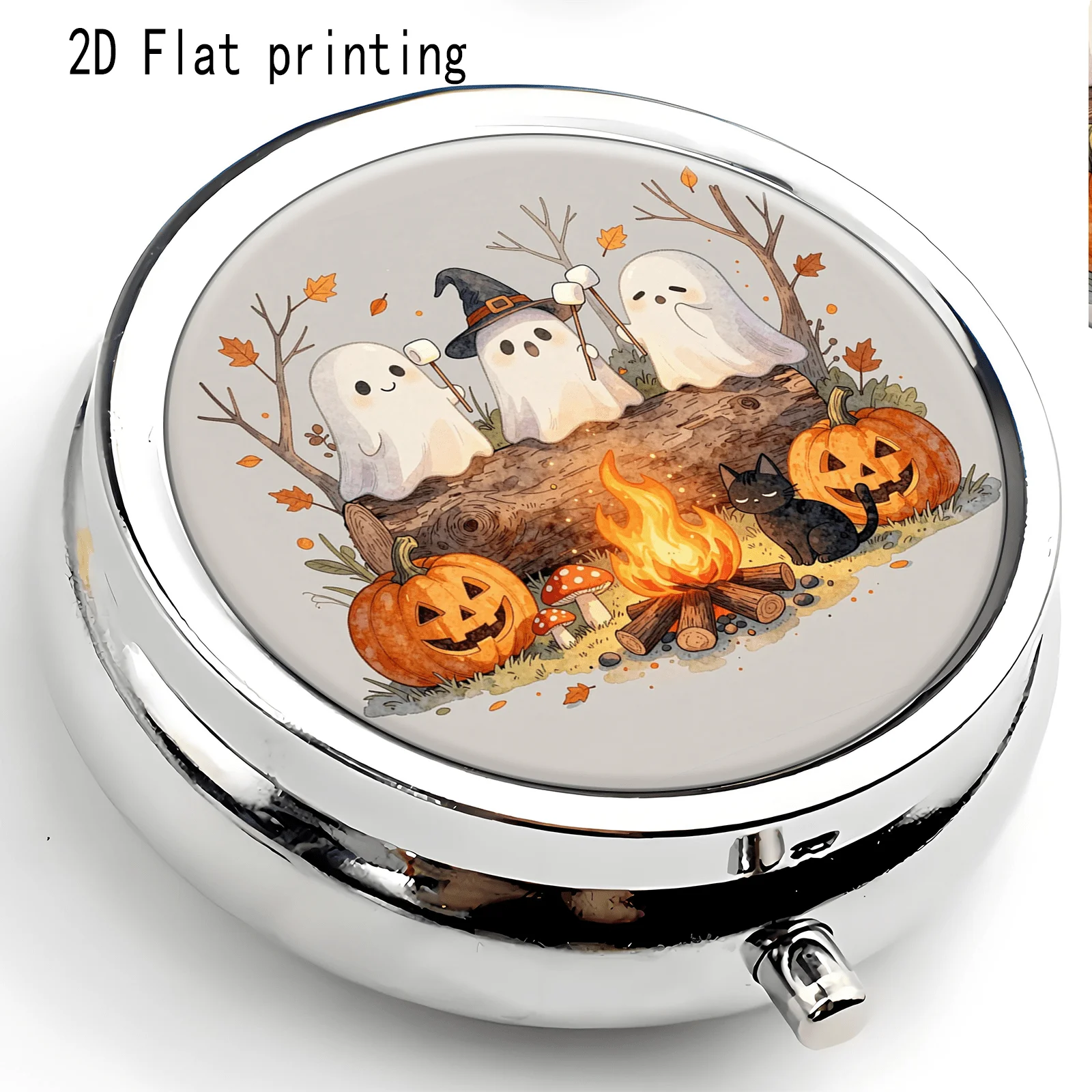 1 Flat Cartoon Halloween Ghost Fire Pumpkin Black Cat Autumn Pattern, Round Three-Compartment Pill Box, Portable Medication Storage, Small Jewelry Storage, Suitable for Handbags or Travel, Holiday Gifts, Souvenirs, Prizes