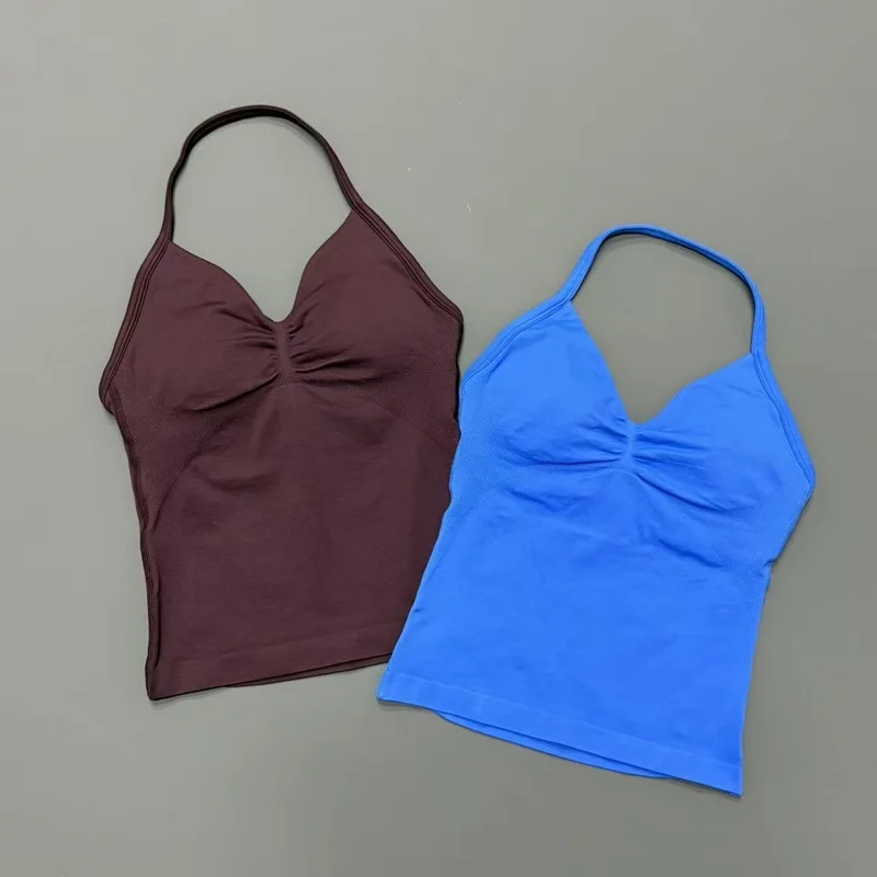 Women Gym Workout Tank Top Halter Neck With Built-in Shelf Bra V Neck Seamless Slim Fit Longline Yoga Top For Running Fitness image 5