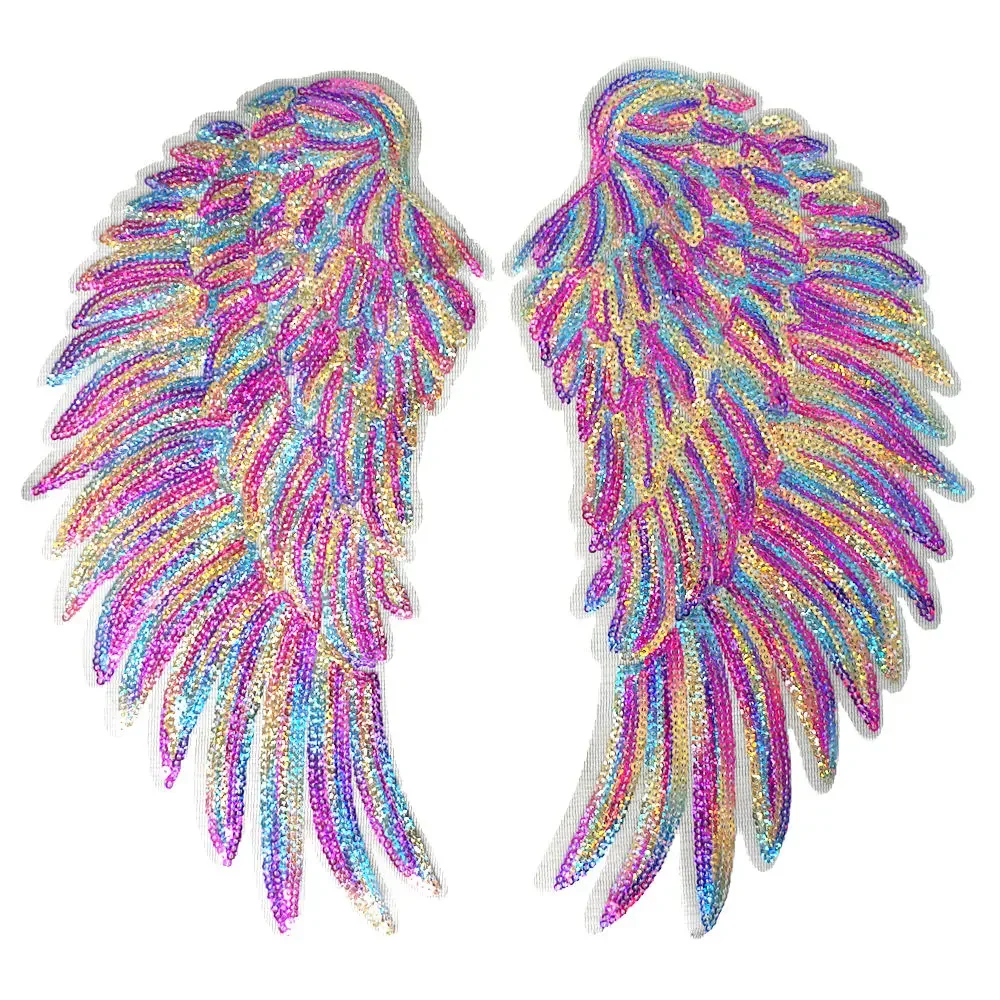 2PCS Rainbow Feather Wings Sequin Dreamy Sew Iron On Patches Embroidered Badges For Clothes DIY Appliques Craft Decoration