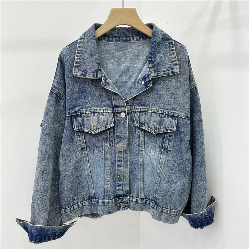 Vintage Women Denim Jackets Embroidery Coats Spliced Jacket Long Sleeve Cardigan Single Breasted  Buttons Basics Washed