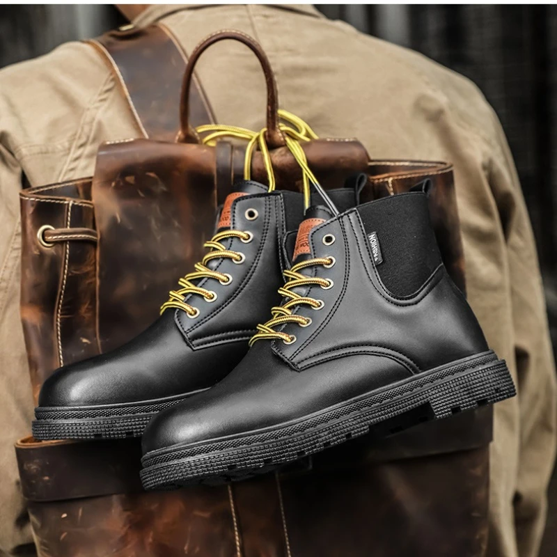 

Мужские высокие ботинки, новая модель, высококачественные, на плоской подошве, до середины икры, на шнуровке, разноцветные, модные рабочие ботинки