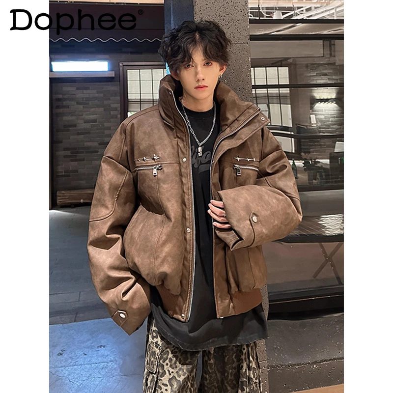 

Модная мужская куртка-парка, новинка зимы 2025 года, высококачественные утолщенные куртки из искусственной кожи с воротником-стойкой, куртка с хлопковой подкладкой