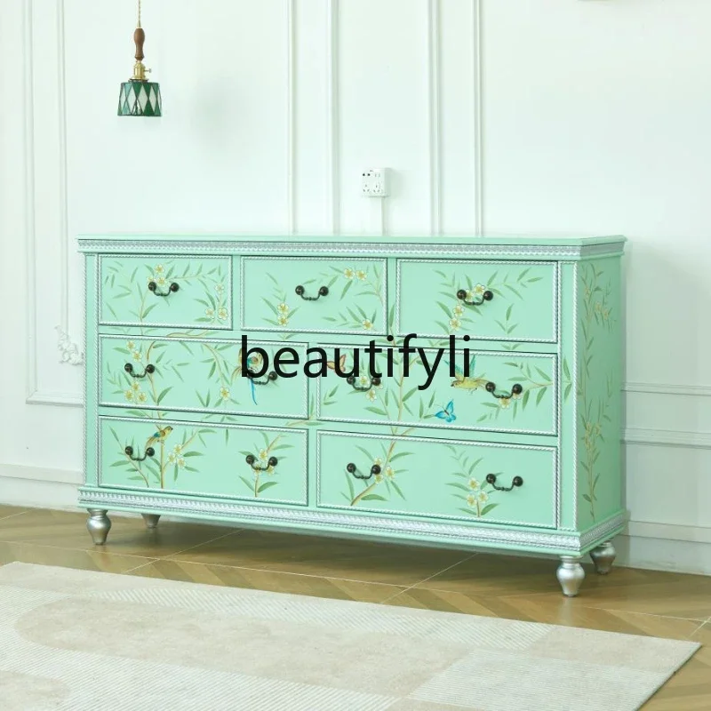 

French cream American retro chest living room storage hall cabinet hand painted cream green