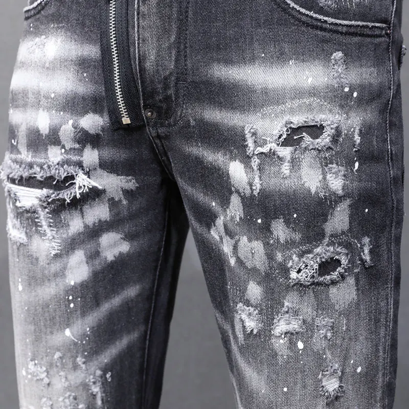 Designer High Street Fashion New Men's Jeans Stretch Slimming Water Washed Black Painted Jeans Hip Hop Brand Pants Hombre