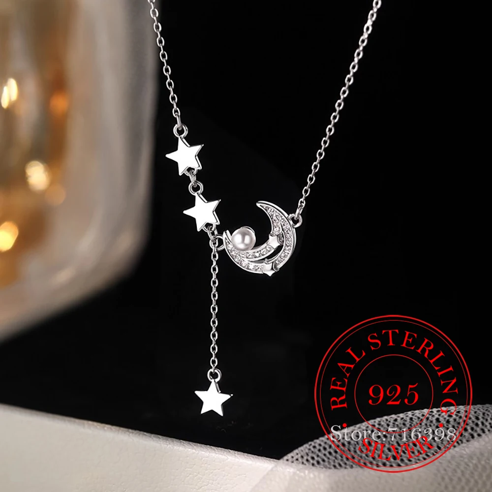 

925 Sterling Silver Simple Long Tassel Crystal Moon Star Pendant Necklace For Women Choker Chain Wedding Party Jewelry Gift