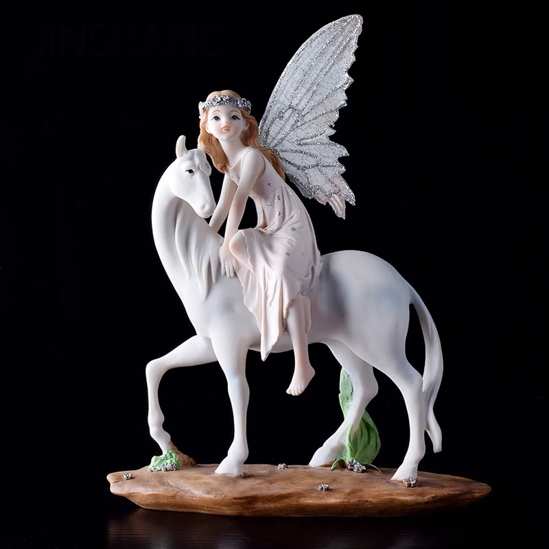 European Riding Horse Unicorn Flower Fairy Angel Girl Resin Ornaments Home Bedroom Sculpture Decoration Kid's Room Statue Crafts