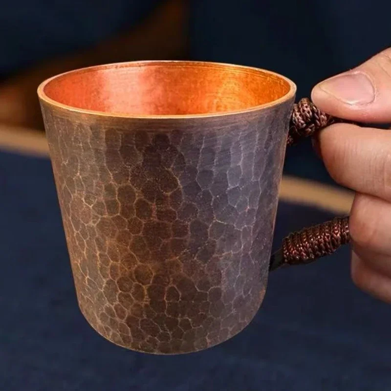 Small Vintage Pure Copper Coffee Cup,Handcrafted Engraving Hammer Texture Woven Handle 150 ml Mug,Portable Tea Cup Tableware
