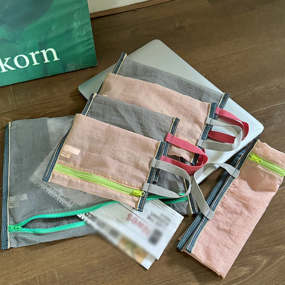 Translucent Mesh Nylon Storage Bag Portable Zipper Handbag Functional Cosmetic Pouch Pencil Case Documents Paper Organizer