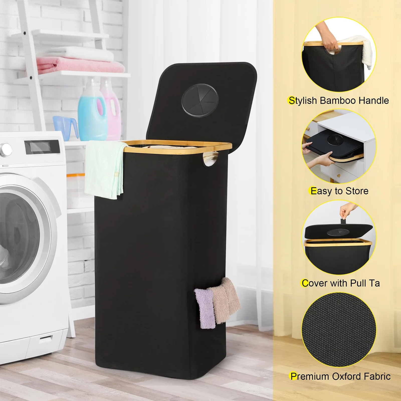 سلة غسيل قابلة للطي بسعة كبيرة 26.42 جالون مع مقابض من الخيزران، بطانة قابلة للإزالة، سلة غسيل من النايلون بجيب جانبي مع غطاء