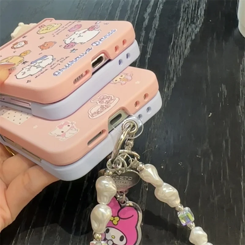 

Funny Cartoon Pink Melody Phone Case For Samsung Galaxy Z Flip 7 6 5 4 3 ZFlip6 ZFlip5 Cover with Chain Cute Hard Cases Capa