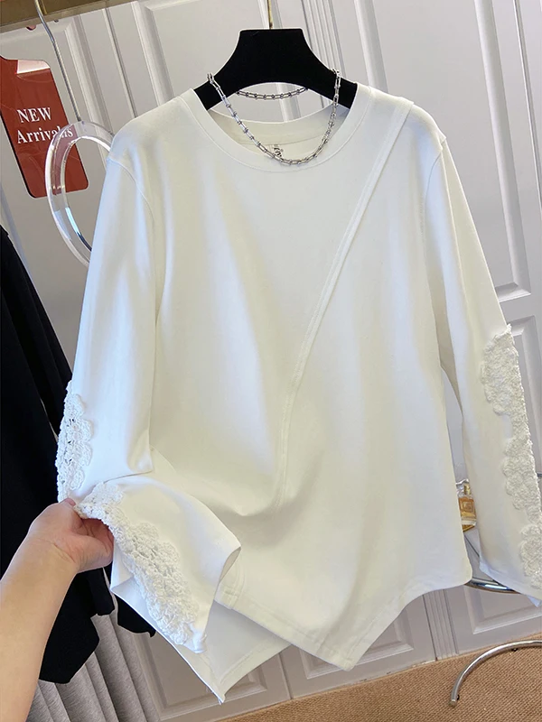 블라 레이스 홀로우 아웃 훅 플라워 롱 슬리브 티셔츠 여성용 봄 여름 플러스 사이즈 비대칭 패셔너블 탑 프렌치 스타일
