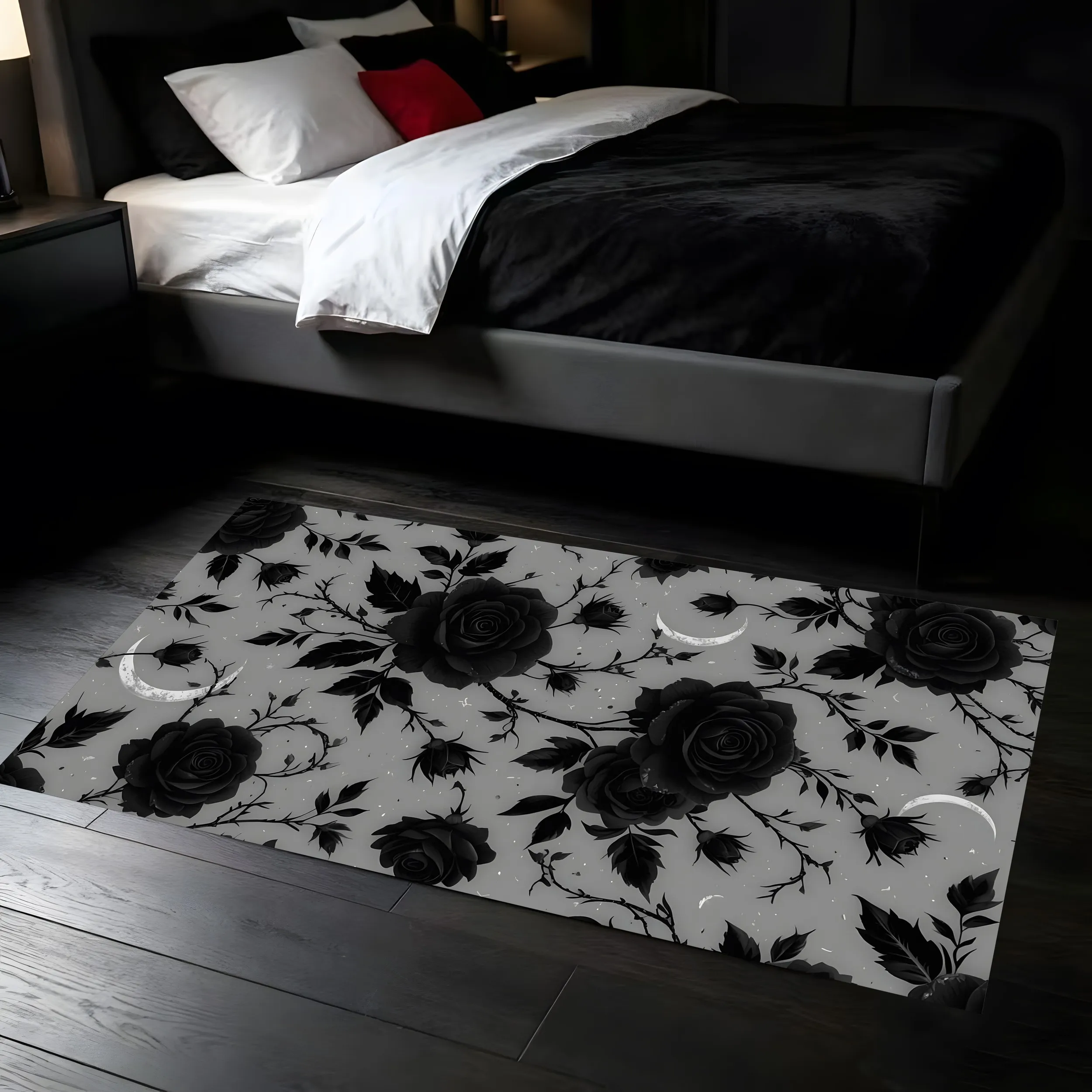 Black Rose Crescent Moon Print Gothic Halloween Velvet Rug for Bedroom Living Room Entryway Mysterious Decor