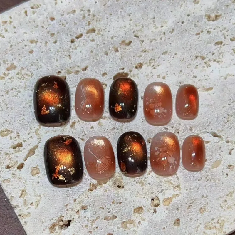 

10Pcs Handmade Amber Cat's Eye Dandelion Ombre Nail Tips Short Style for Fall/Winter Press-On Nails Perfect Gift for Women
