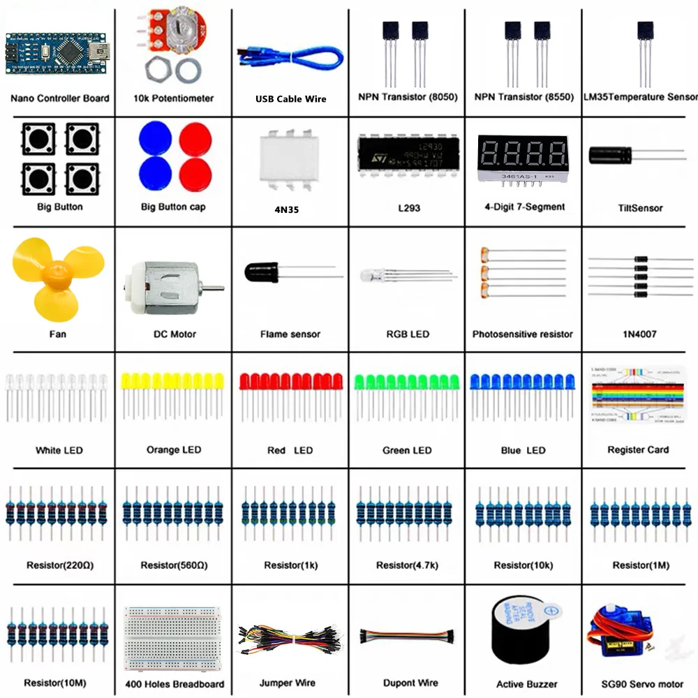 Electronic Starter Learning Kit for Arduino Nano Board Electronic Components Resistor Dupont LED moudle for Atmelmega328PB