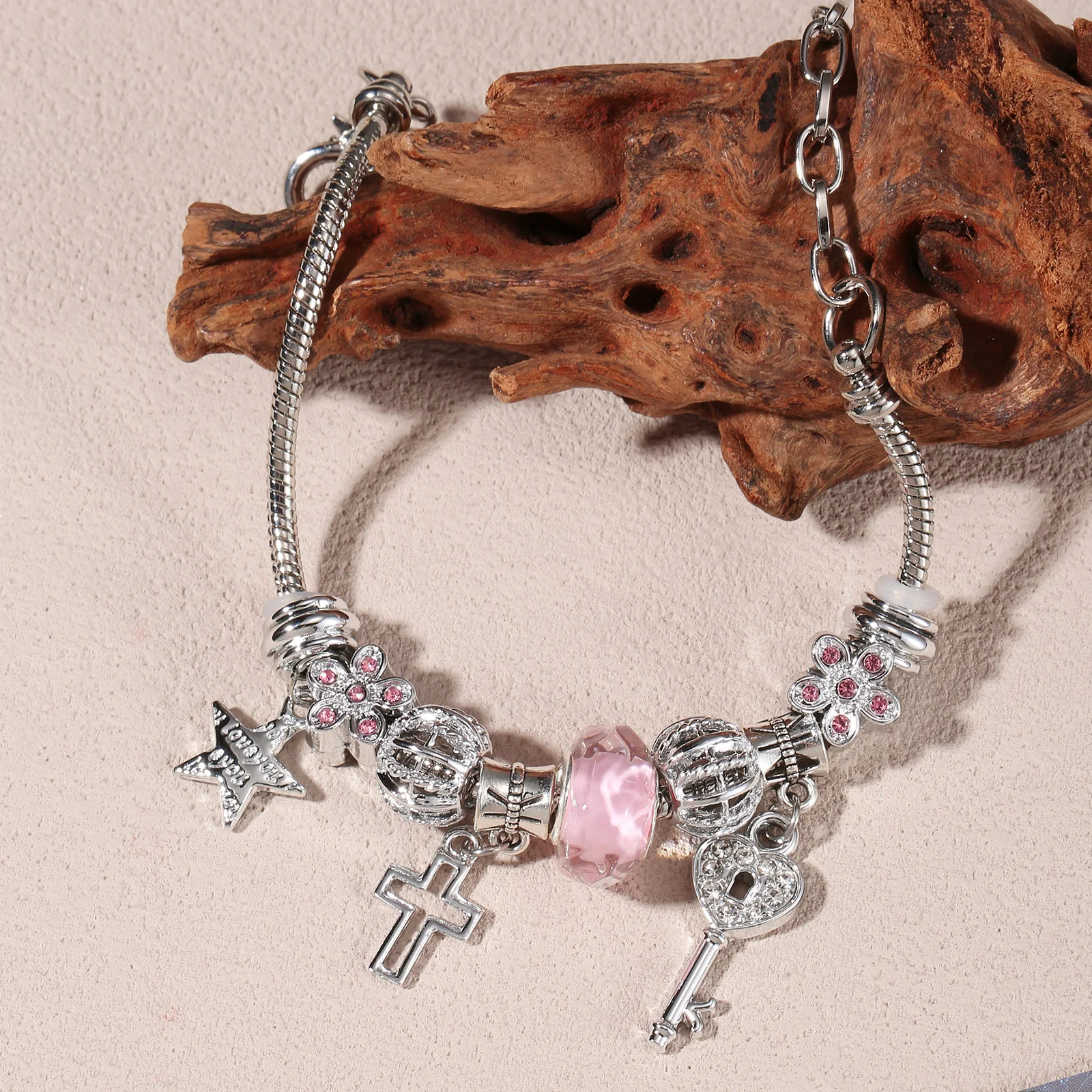 

Silvery Stainless Steel Charm Bracelet with Key Lock and Cross Pendants for Women