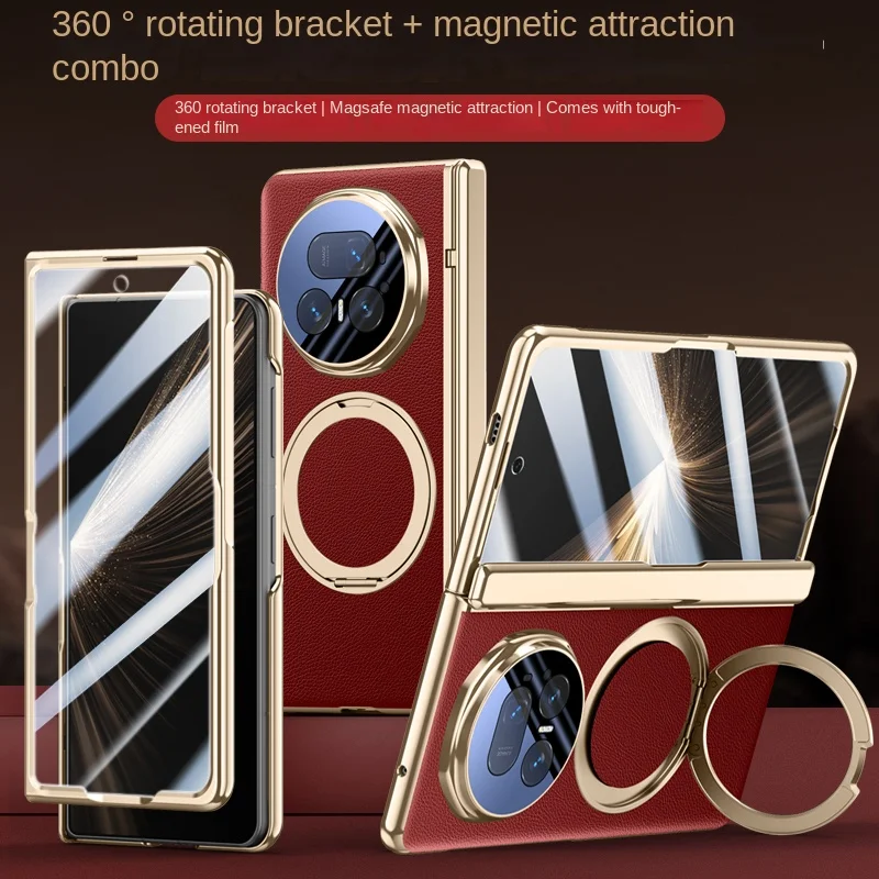 

Чехол для Huawei Honor Magic V5, роскошный чехол из искусственной кожи с кольцом-подставкой, магнитная защитная задняя крышка с беспроводной зарядкой для Magic V5 Shell