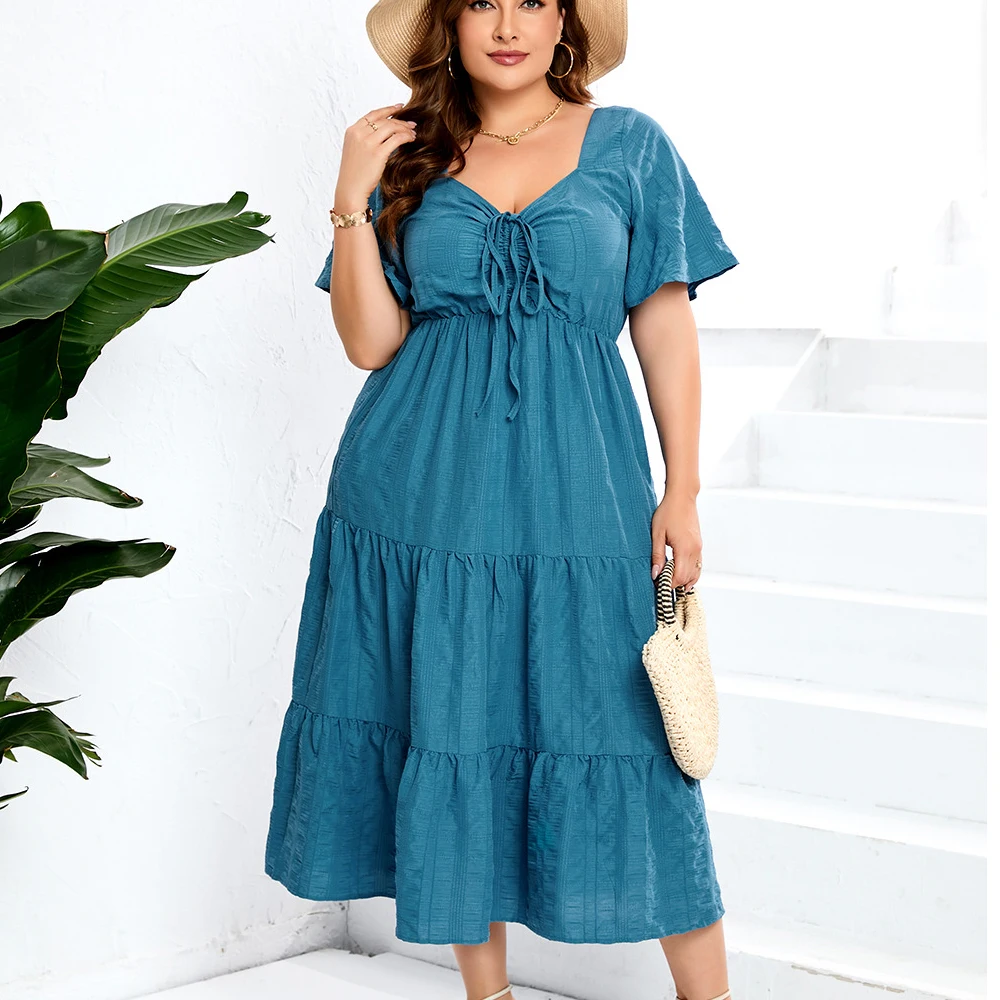 

Plus Size Dress For Women Summer Long Dress Short Sleeve Dress High Waist Sexy V Neck Elegant Chic Streetwear Clothing Ladies