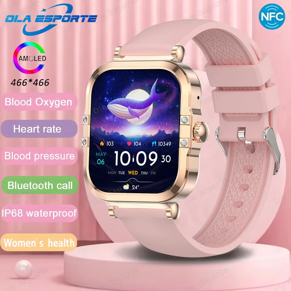 2025 Ola Esporte Hk Smart Watch Women Ladies 390*450 AMOLED HD Screen Bluetooth Call NFC IP68 Waterproof Heart Rate Smartwatch