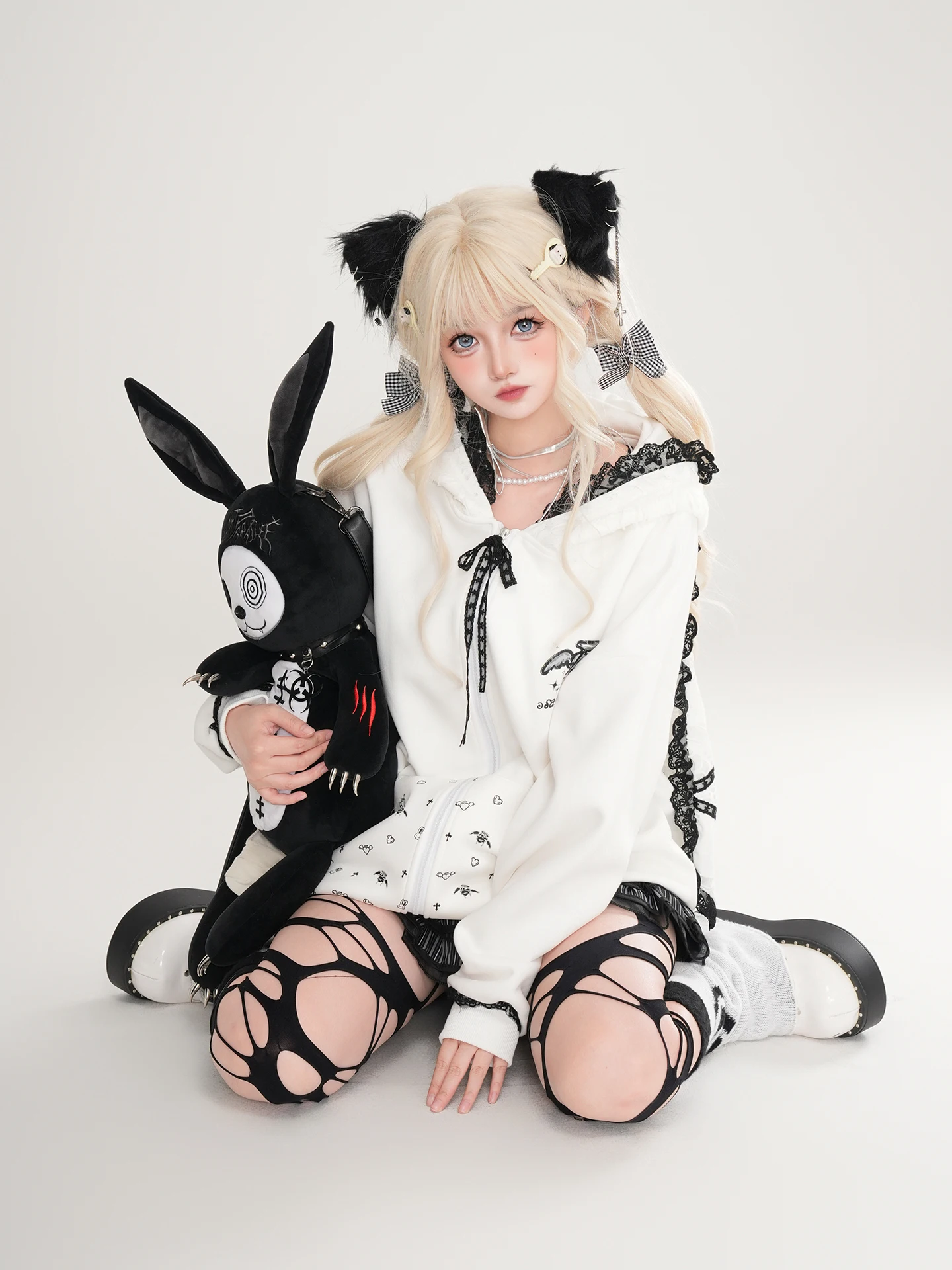 Japanese Fashion Highstreet Sweet Cool Girl Y2K Hoodies Loose Casual Lace Patchwork Ear Hooded Sweatshirts Jackets Women Autumn