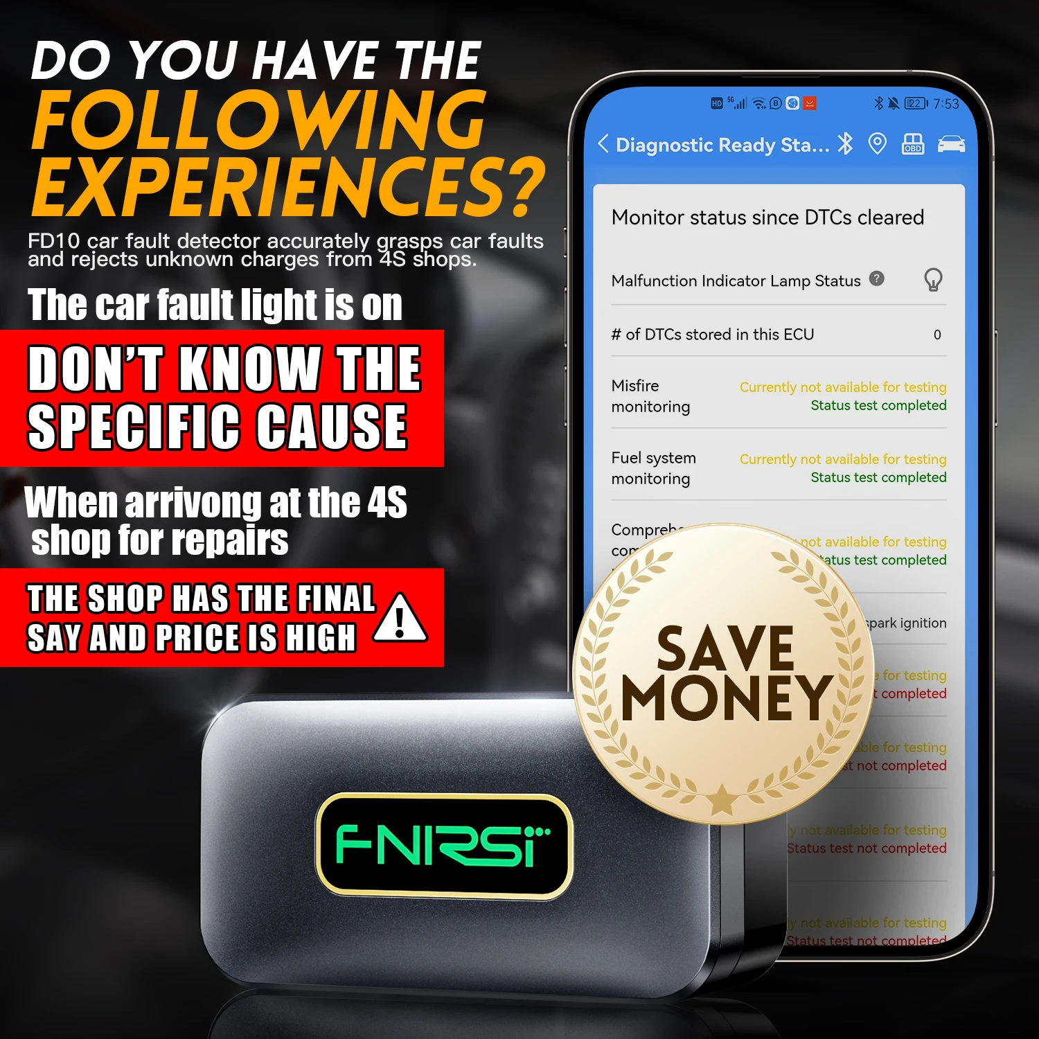 FNIRSI FD10 سيارة OBD2 الماسح الضوئي رمز القارئ واضح خطأ OBD أداة تشخيص IOS أندرويد BluetoothV5.1 تحقق ضوء المحرك إصلاح السيارات