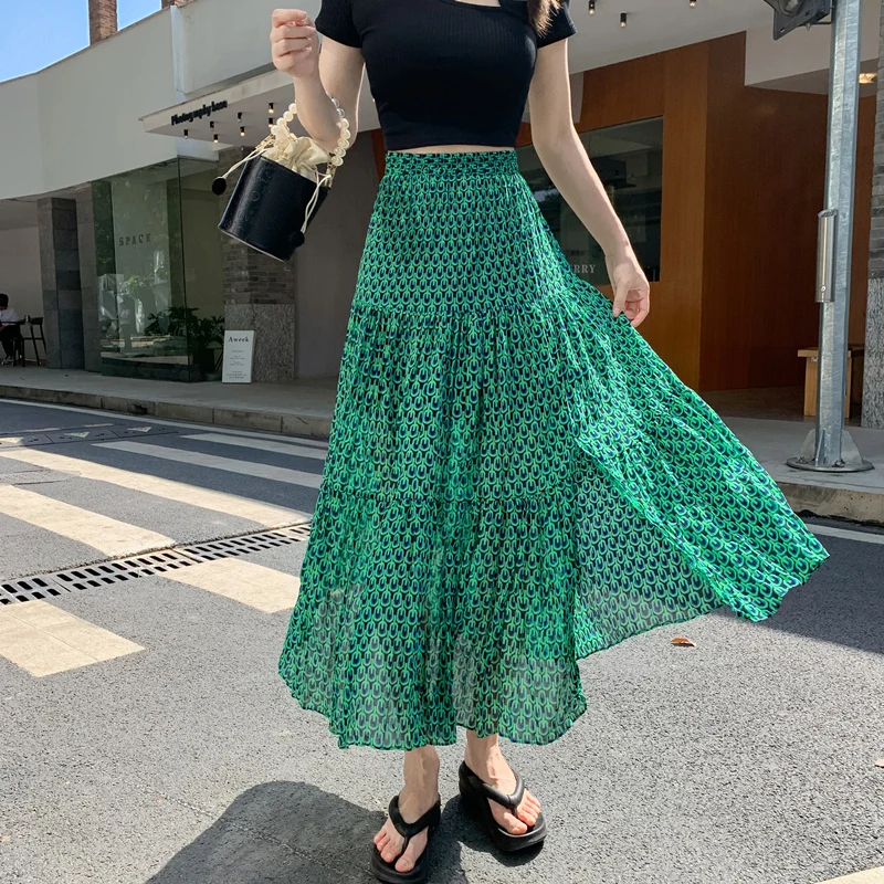 Vintage green floral pleated skirt women's 2024 spring/summer high-waisted slimming splicing large swing mid-length A-line skirt