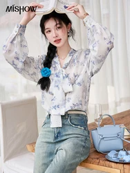 MISHOW French Floral Chiffon Shirt Spring 2024 Korean Lace-up Neck Bow Heart-shaped Buttons Embellishing Cuffs Tops MXD14X1431