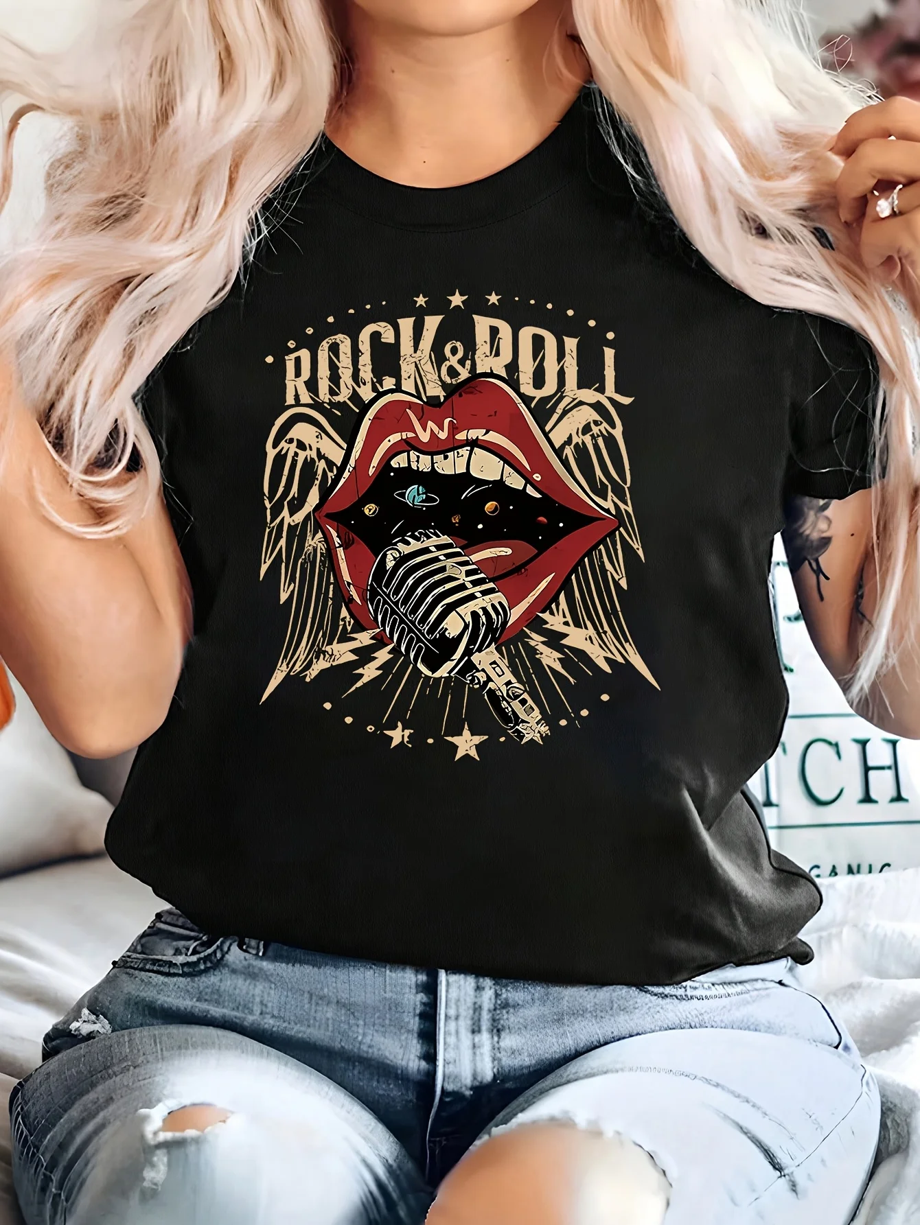 Damen Vintage Rock'n'Roll Mikrofon-Mund Grafik-T-Shirt - Lässiges Rundhals-Kurzarm-T-Shirt Sommer Mode Ganzjahres-Oberteil