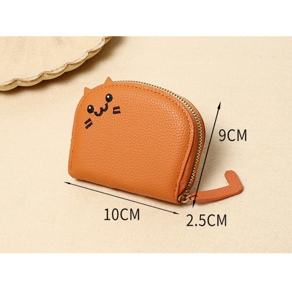 Creative Cartoon Cat Mini Card Wallet Solid Color PU Leather Coin Key Storage Bag Credit ID Card Holder Portable Zipper Purse