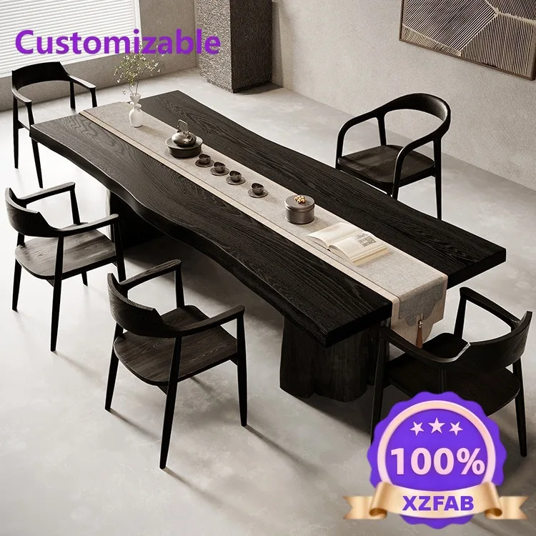 Factory Direct 2026 Wabi Silent Wind Living Room Office Reception Solid Wood Tea Table and Chair Carbonized Black Solid Wood