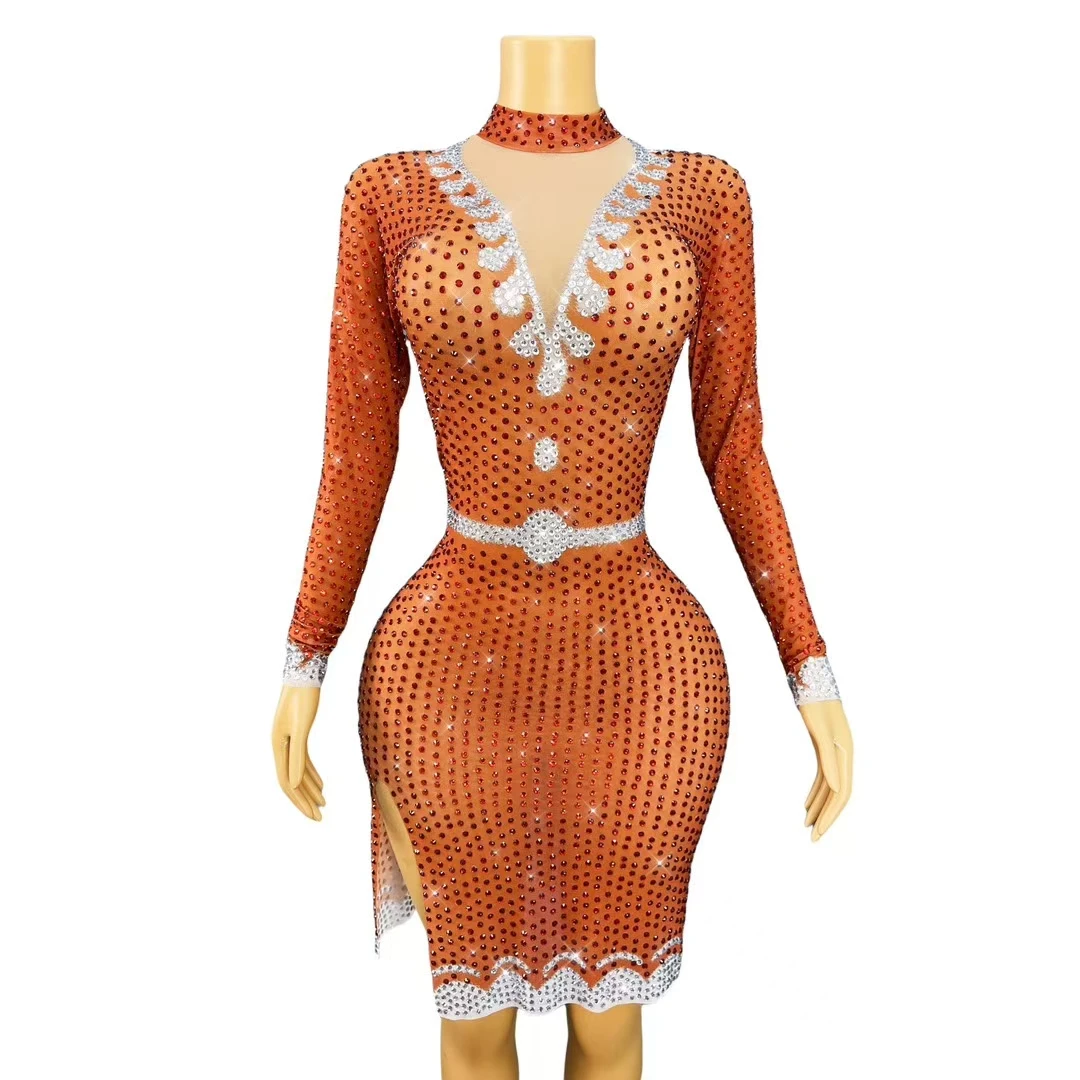 

Dingdingdang Orange Spandex Long Sleeved Short Dress Tight Fitting Mini Dress Club Party Outfit Sparkly Rhinestone Evening Dress