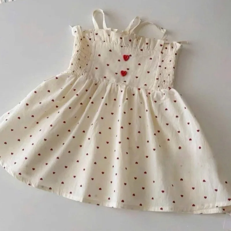 2026 Summer New Girls Sleeveless Sling Dress Baby Girl Cute Heart Print Dress Cotton Toddler Princess Dress Loose Kids Clothes