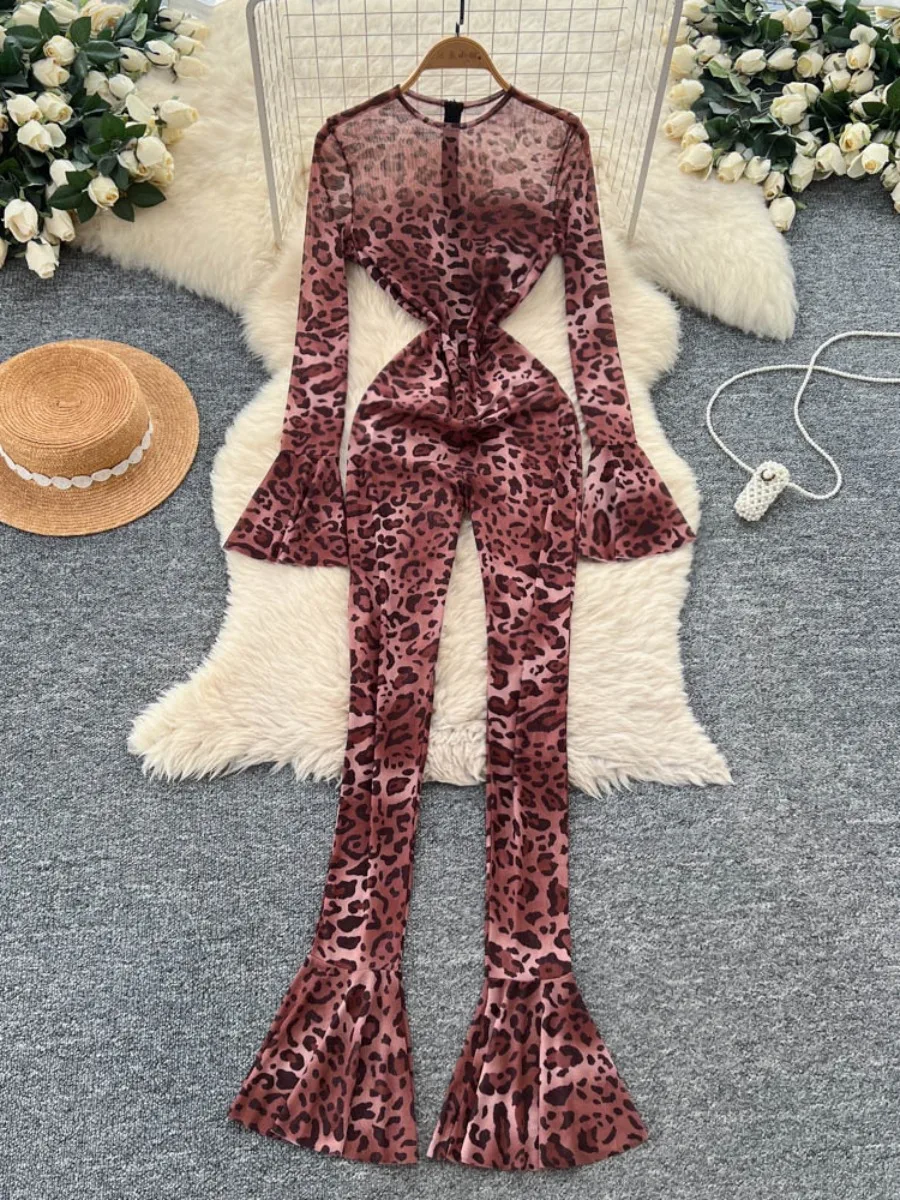 

Foamlina Sexy Sheer Leopard Print Jumpsuit Women Slim Fit Mesh Long Sleeve Tight Clubwear Party Outfit Bodysuit Pants