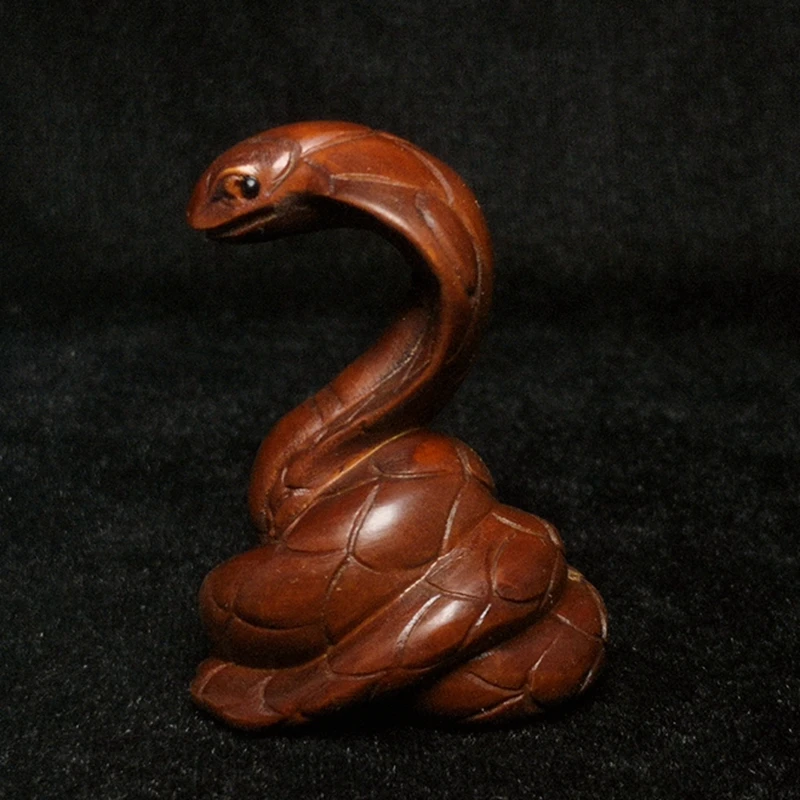 

Japanese boxwood hand carved Snake Figure statue netsuke desk Decoration Gift