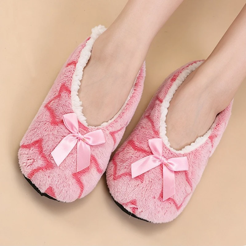 Home Fluffy Slipper Women Winter Plush Grip Soft Cute Funny Indoor House Star pentagram Shoes Female hairy warm Fuzzy Bow Knot