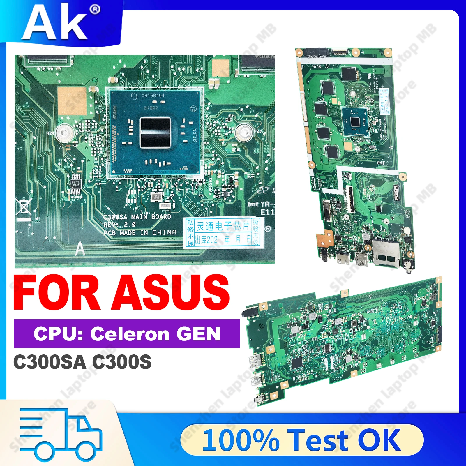C300SA Laptop Motherboard For ASUS Chromebook C300S C300SA Mainboard N3060 N3050 N3160-CPU 4G-RAM 0G/16G/32G-SSD 100% Tests OK