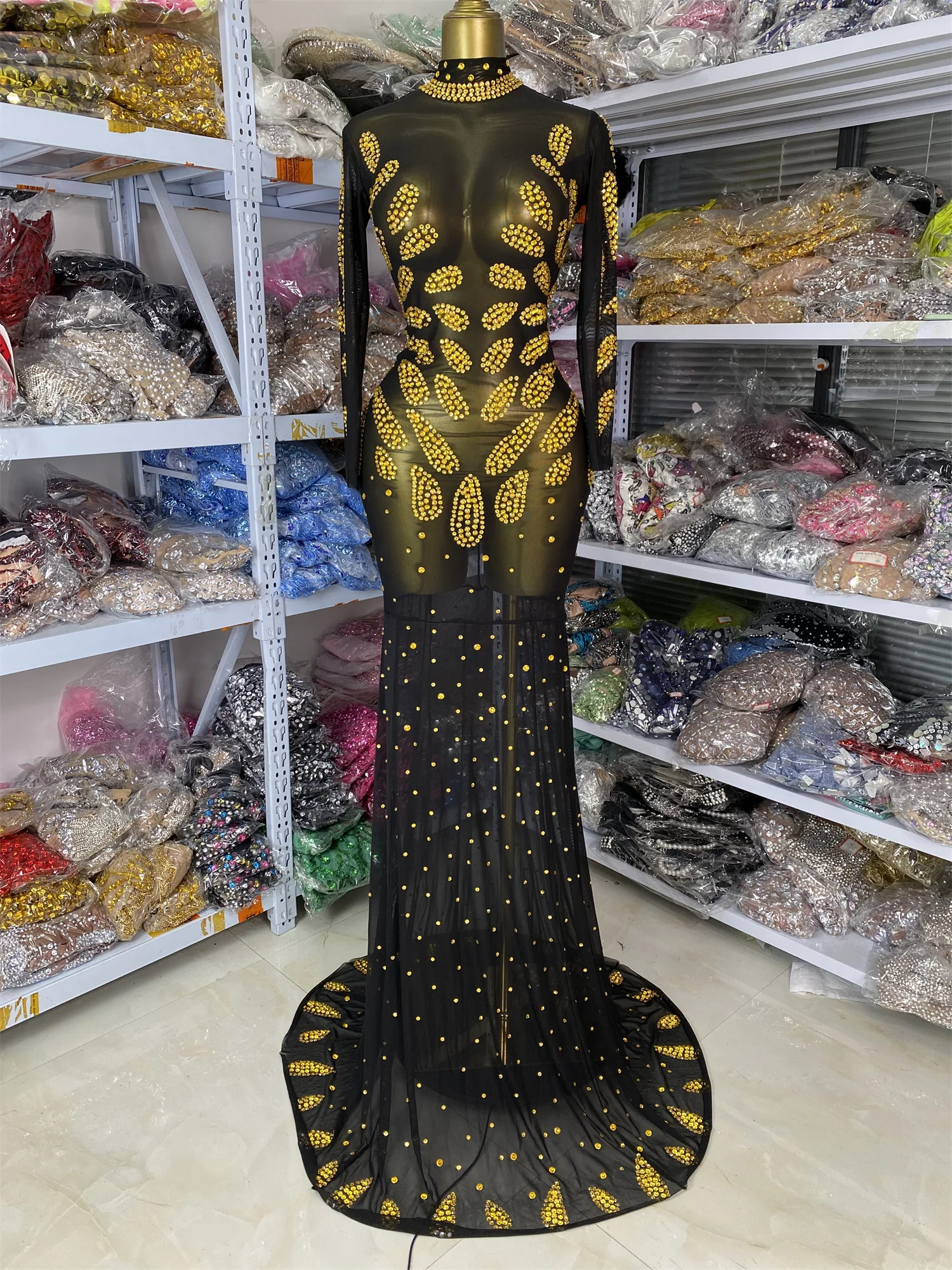 

Женское роскошное длинное вечернее платье макси со стразами из черного золота, элегантное сексуальное прозрачное платье с длинным рукавом для беременных