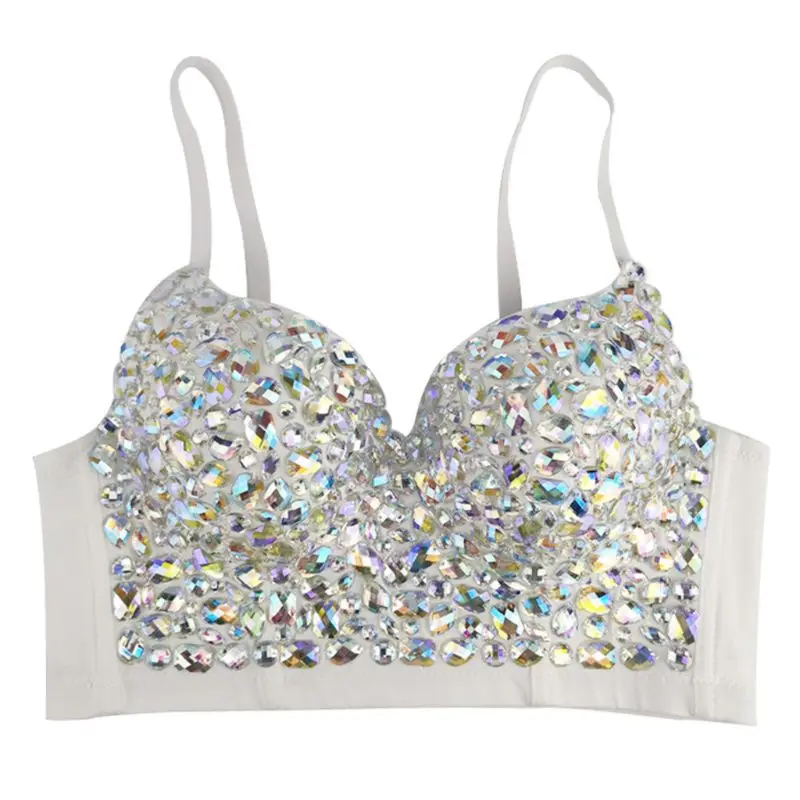 Women Rhinestone Corsets AB Colored Bustier Push Up Strap Crop Spaghetti Top Sexy Bralette Glitter Club Party Corset Bra Vest