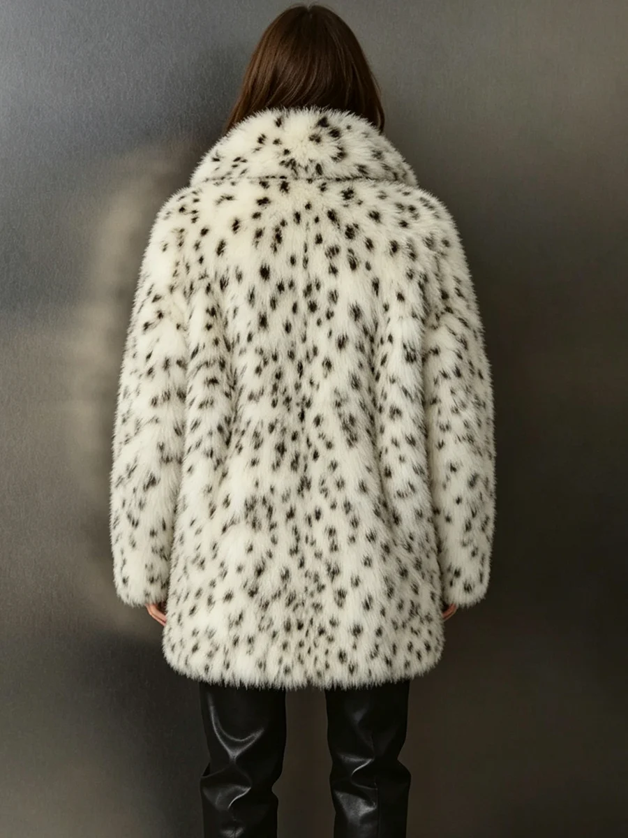 Women Snow Leopard Print Faux Fox Fur Coat Women Lapel Loose Plush Jacket Winter Thick Warm Fluffy Eco-Friendly Fur Outerwear