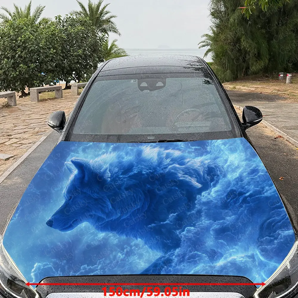 Car Decal Atmospheric Artistic Design with Wolf Amidst Blue-Hued Textural Elements Car Hood Sticker, Waterproof Self - Adhesive