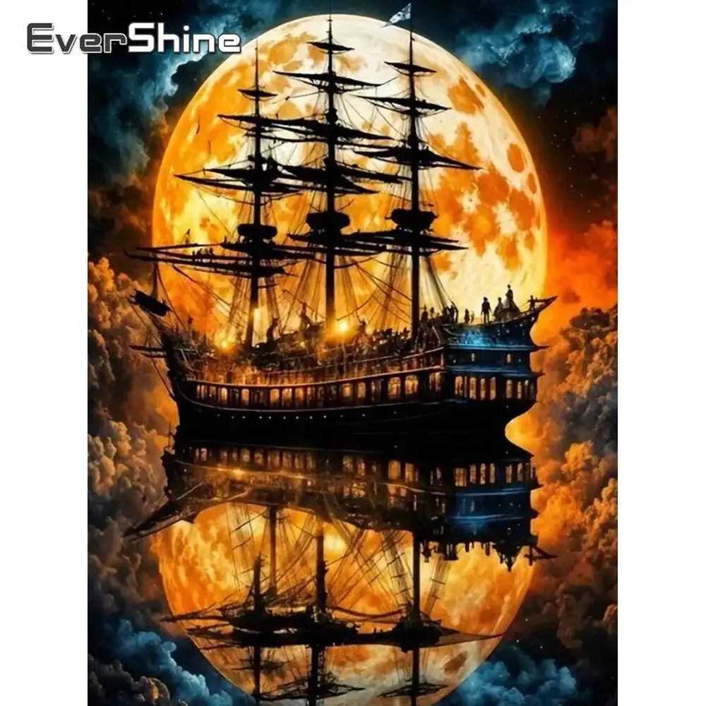 Evershine 5D DIY Diamond Mosaic Boat Landscape Suitable For Beginners Diamond Painting Moon Picture Of Rhinestones Child Gift
