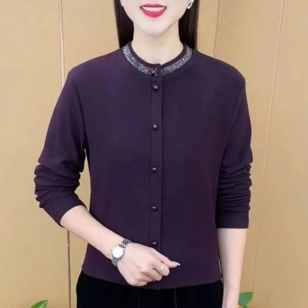 Elegant Pure Color Long Sleeve Diamond Design Top for Mom Autumn Winter Fashionable Casual Style Polyester Fiber Ladies Shirt