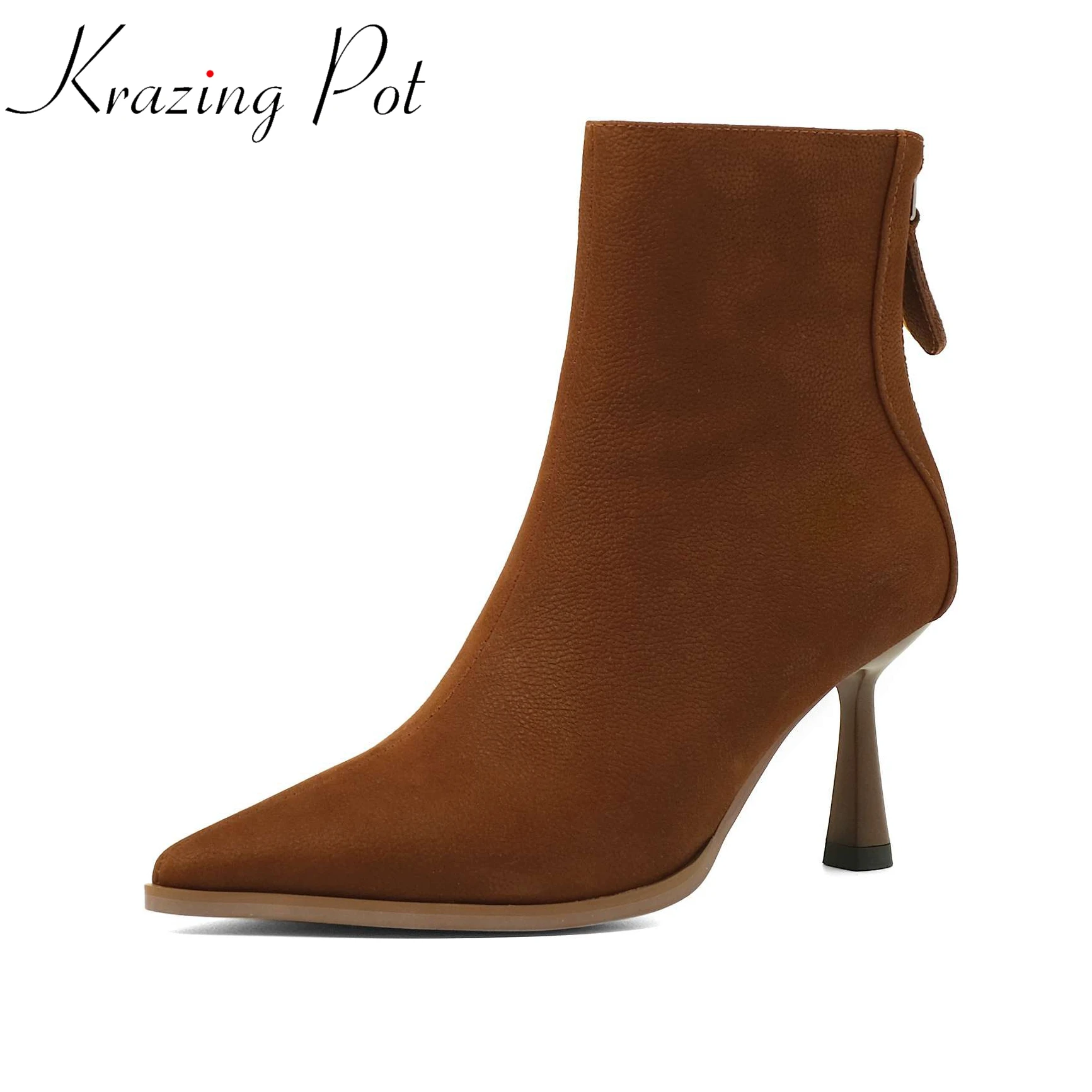 

Krazing Pot Genuine Leather Pointed Toe Office Lady Modern Boots Elegant Women Zip Stiletto Thin High Heels Winter Ankle Boots