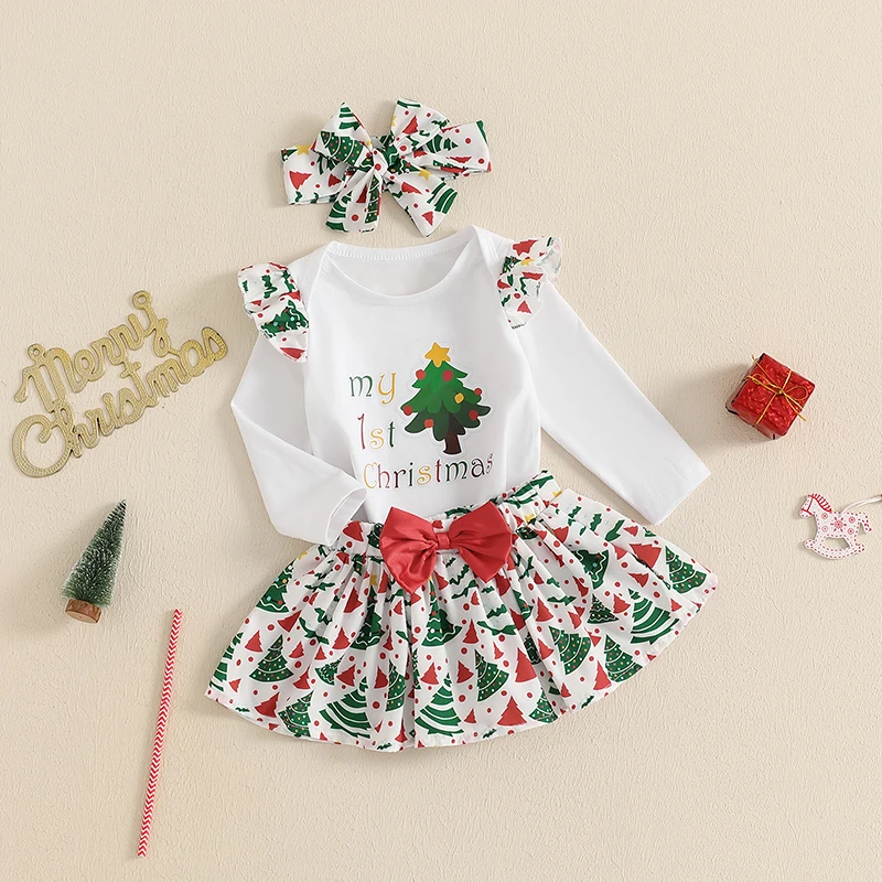 Baby Girls 3 Pieces Sets Long Sleeve Letter Christmas Tree Print Romper A-line Skirt Headband Christmas Outfits