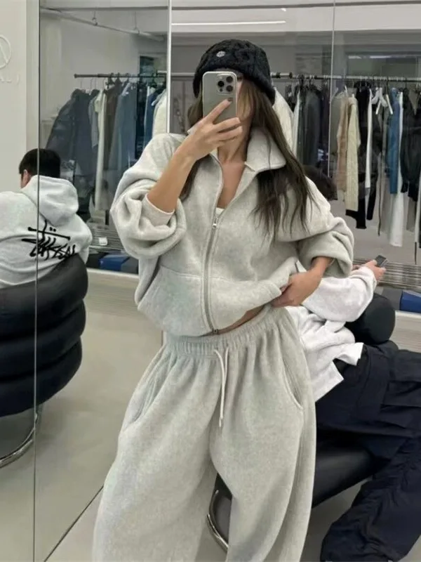 Korean Fashion Women's Autumn Winter Thickened Loose Plush Sweatpants Set Casual Style Two-Piece Suit Comfortable Soft Fabric