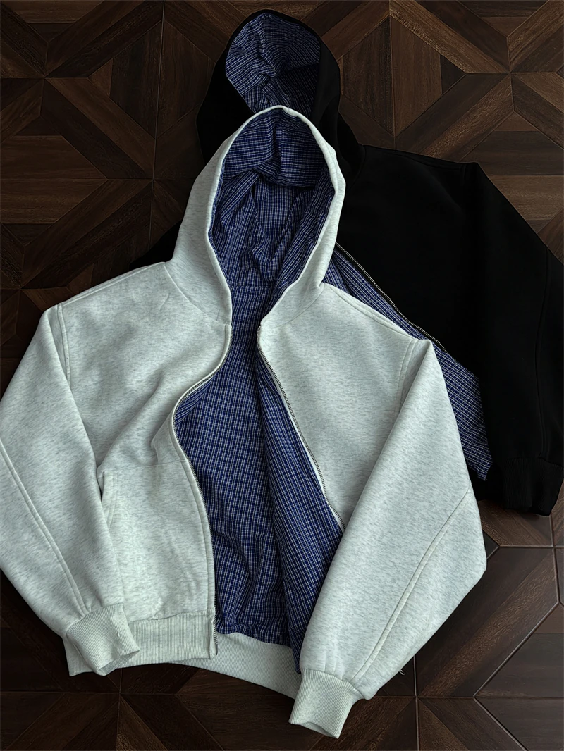Double-Sided Wear Royal Blue Plaid Zipper Sweatshirt Short Wide Versatile Open Cardigan Jacket CleanFit Casual Style Hoodie