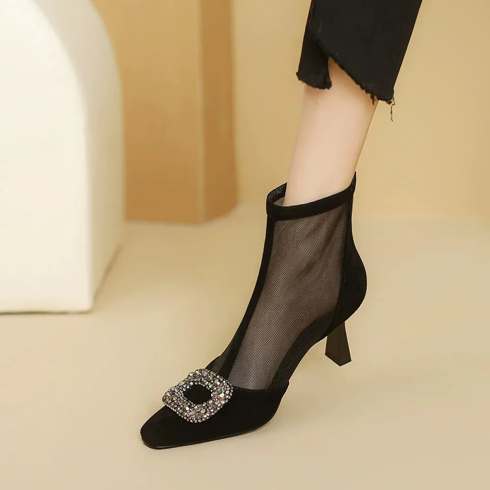 

Ботильоны из натуральной кожи с квадратным носком, стразами и сетчатыми вставками, дышащие летние ботинки на высоком квадратном каблуке, новая стильная обувь