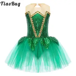 Vestido de dança com lantejoulas verdes para meninas, Halloween Elf Mesh Tutu, collant de ginástica, patinação artística, fantasia de performance infantil